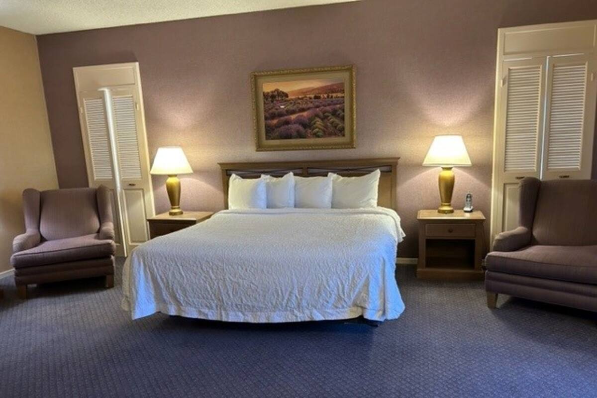 Une chambre d’hôtel avec un grand lit, deux fauteuils, une table de chevet avec une lampe et un tableau au mur.