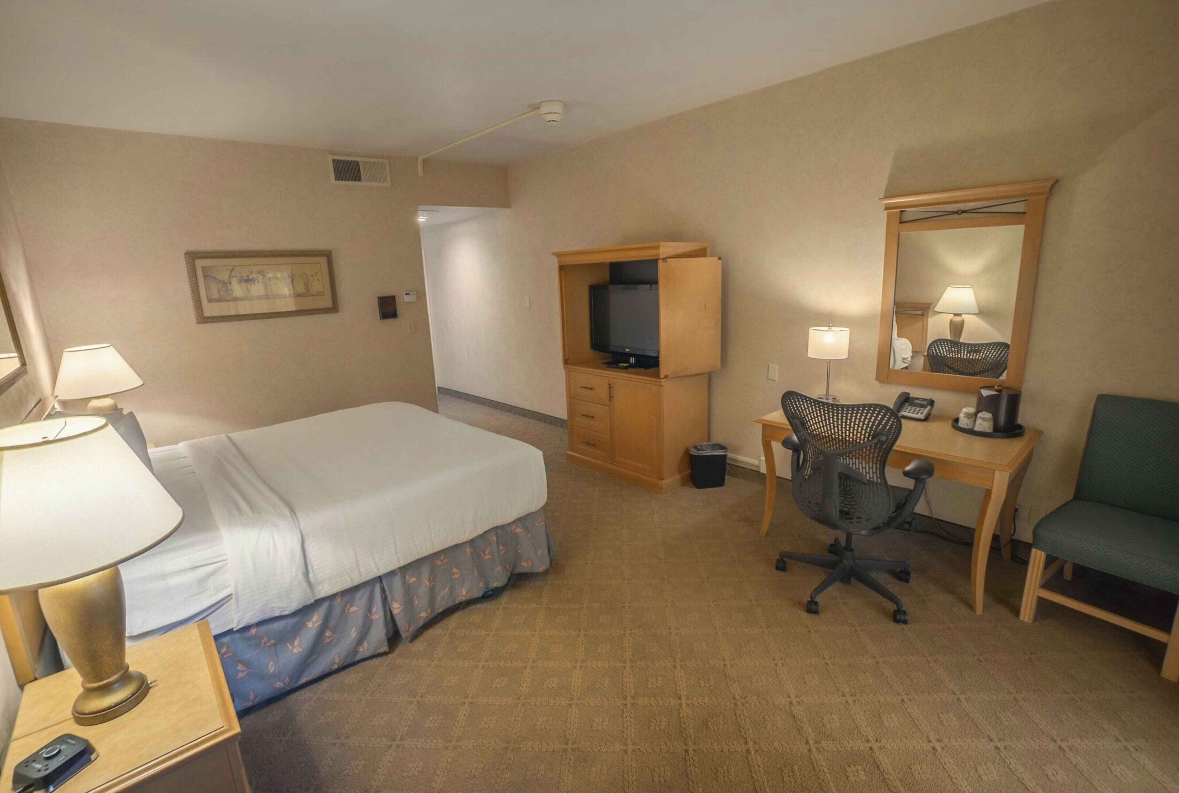 Una habitación de hotel con cama, escritorio, silla y televisor.