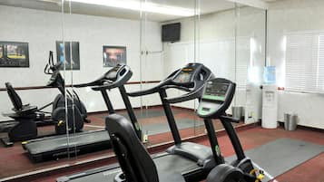 A gym with treadmills, a weight bench, and exercise equipment.