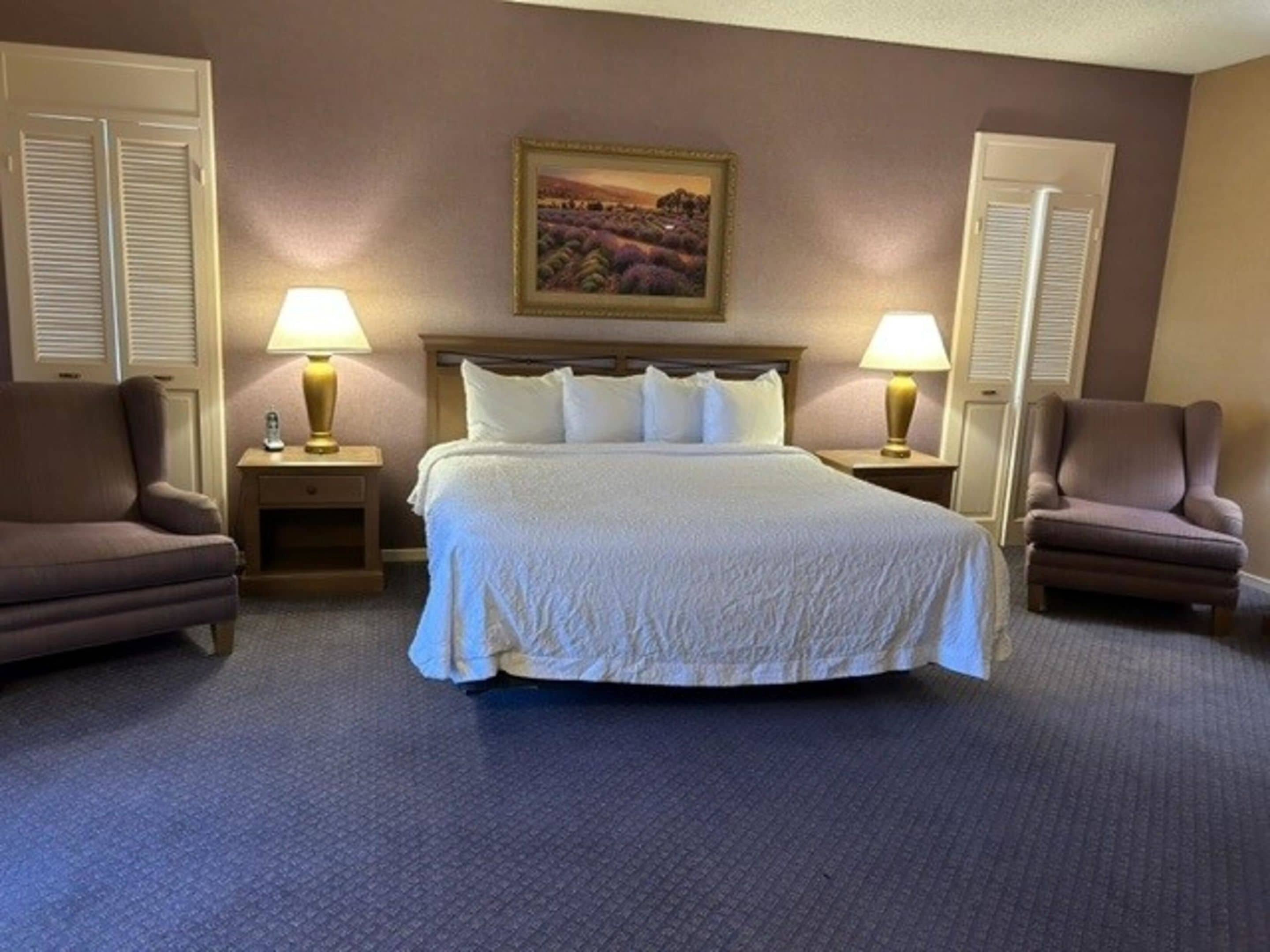 Une chambre d’hôtel avec un grand lit, deux fauteuils, une table de chevet avec une lampe et un tableau au mur.