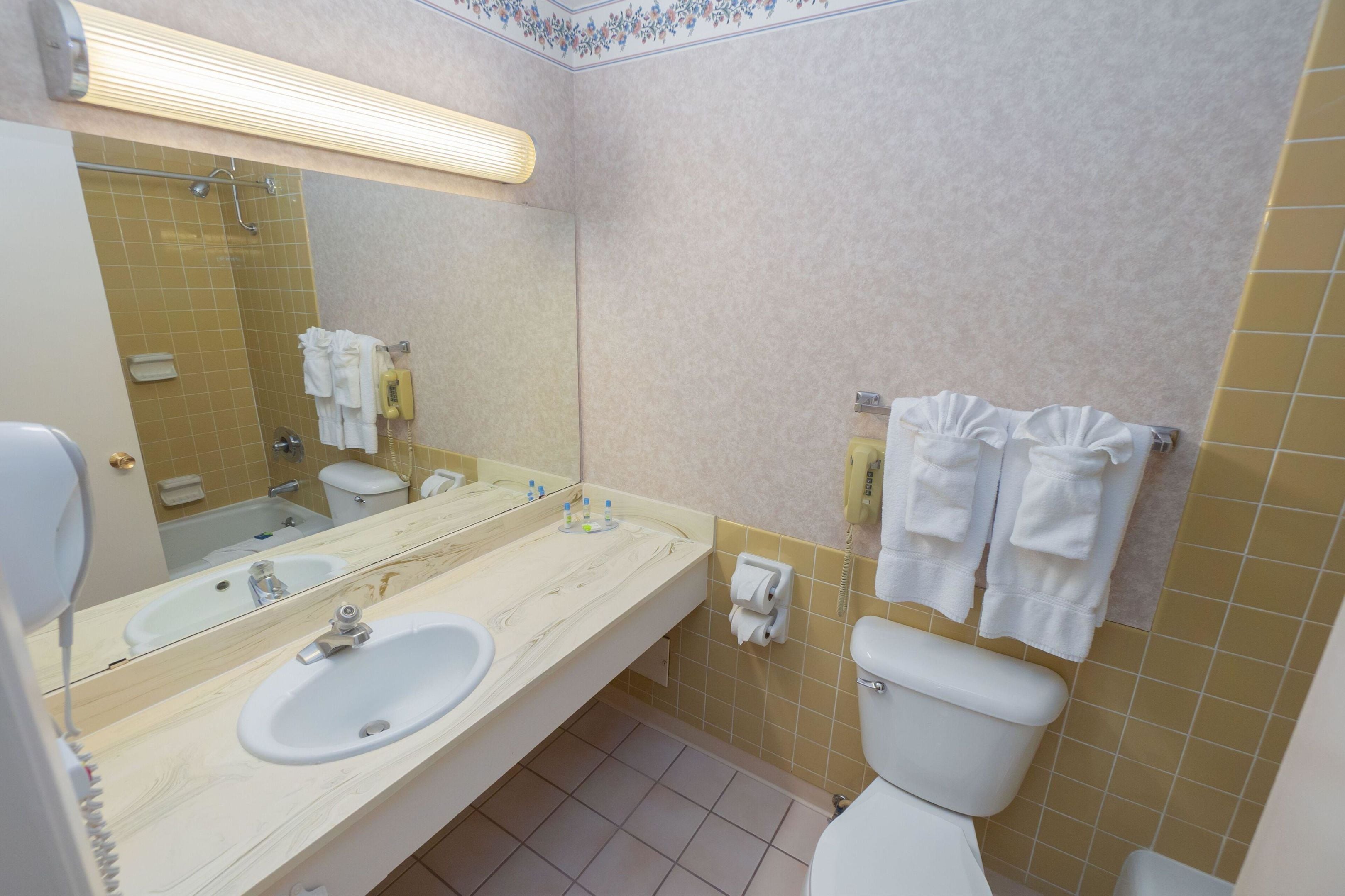 Une salle de bain équipée d’un lavabo, d’un miroir, de toilettes et d’un porte-serviettes.