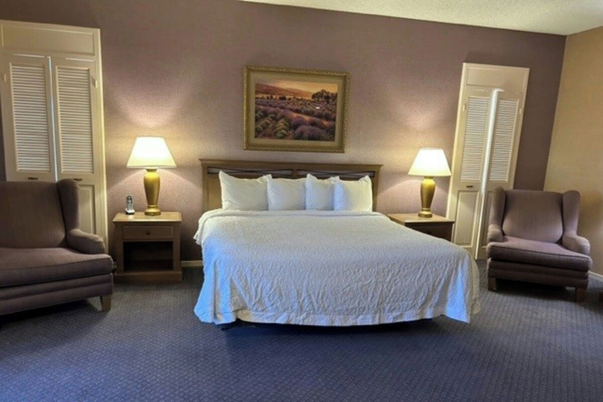 Une chambre d’hôtel avec un grand lit, deux fauteuils, une table de chevet avec une lampe et un tableau au mur.