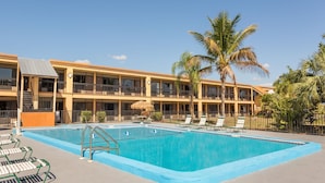 Un hotel con piscina, sillones de descanso y palmeras.