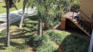 Un espacio exterior ajardinado con palmeras, un edificio de ladrillo y una escalera que lleva a un balcón.