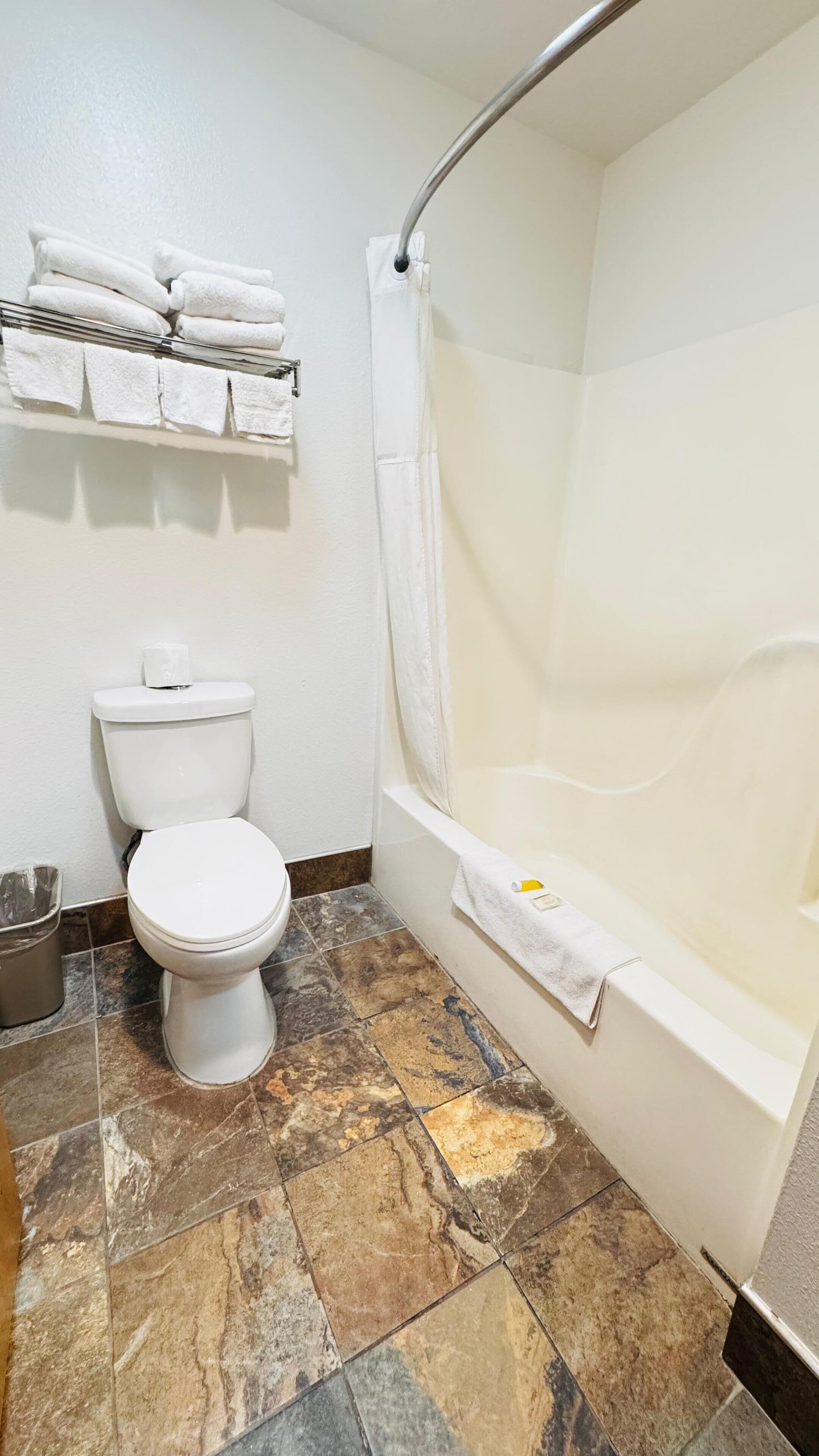 A bathroom with a toilet, a bathtub, and a shower curtain.