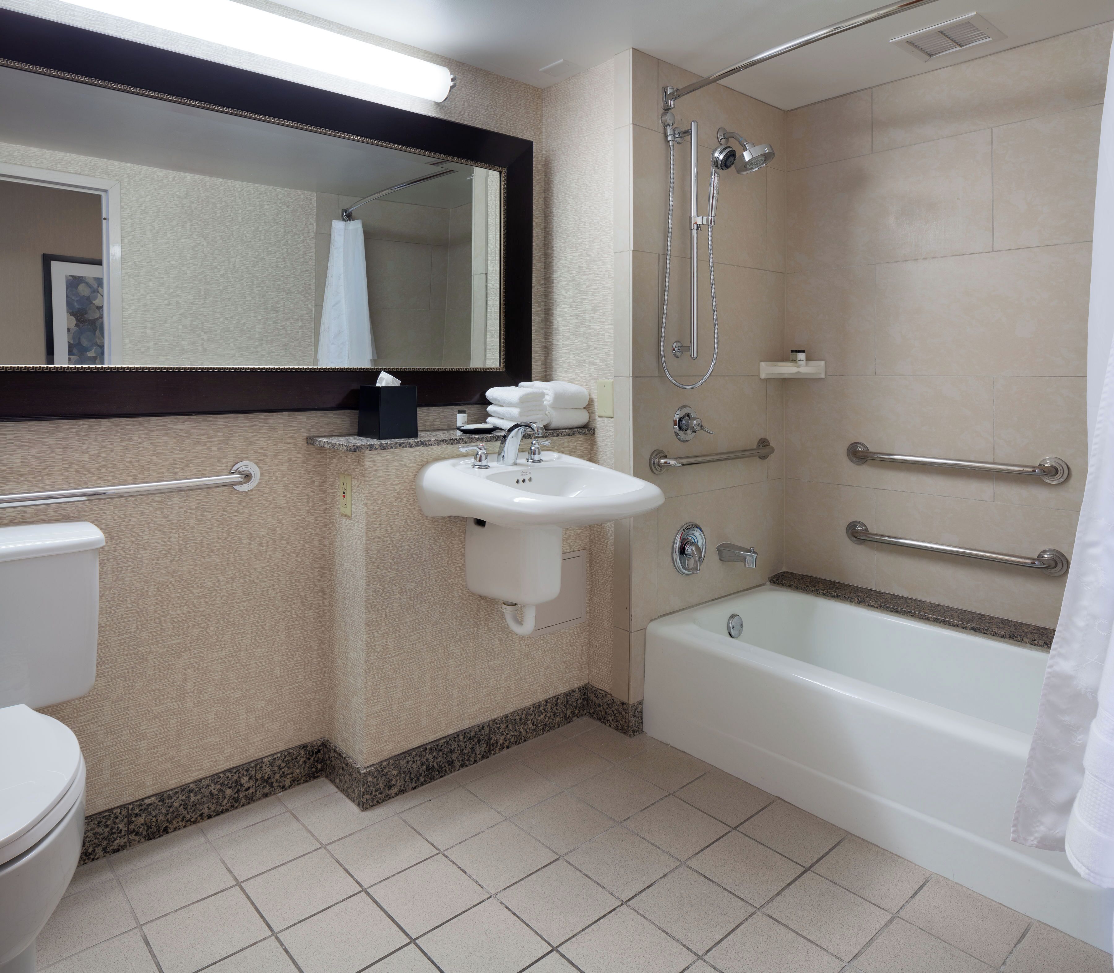 combined shower/bathtub, free toiletries, hair dryer, towels