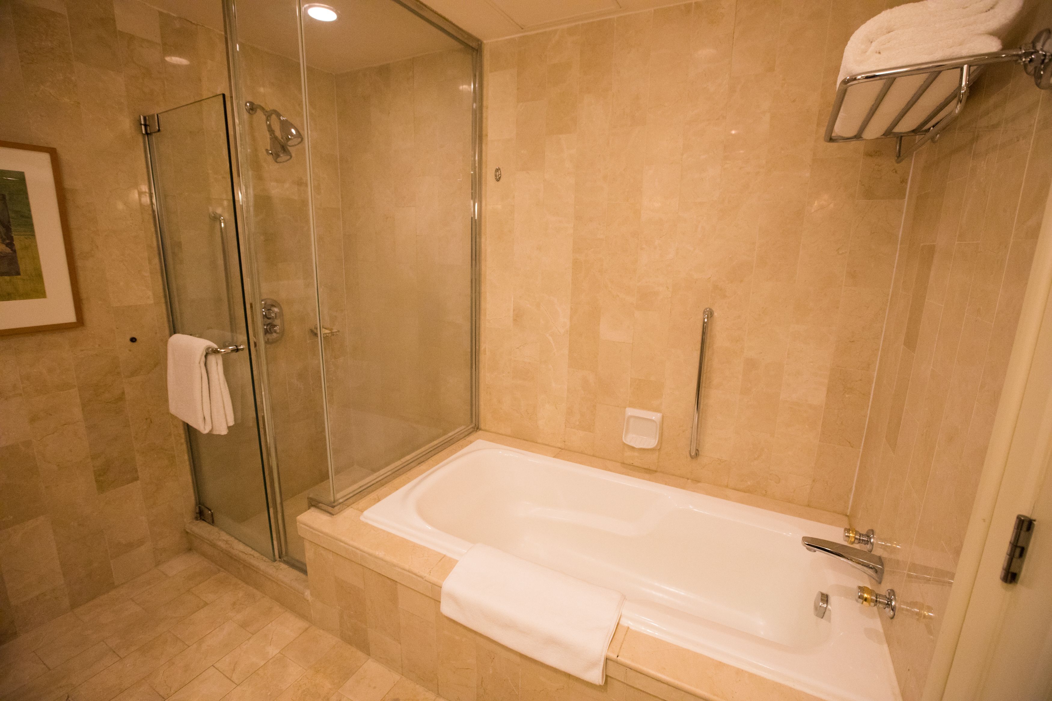 separate bathtub and shower, free toiletries, hair dryer, bathrobes
