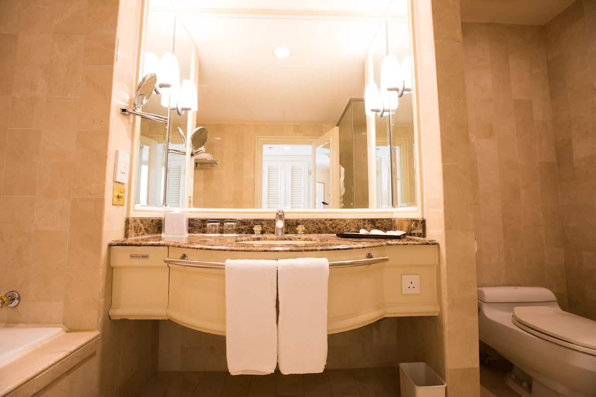 separate bathtub and shower, free toiletries, hair dryer, bathrobes