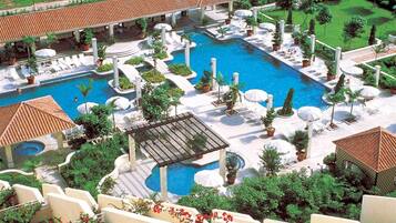 Indoor pool, outdoor pool, pool umbrellas