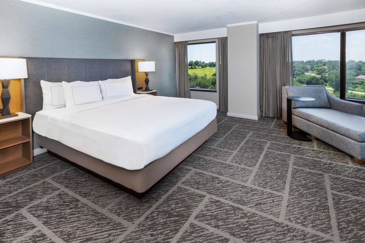 A hotel room with a large bed, a sofa, a nightstand, a lamp, and a view of greenery through the window.