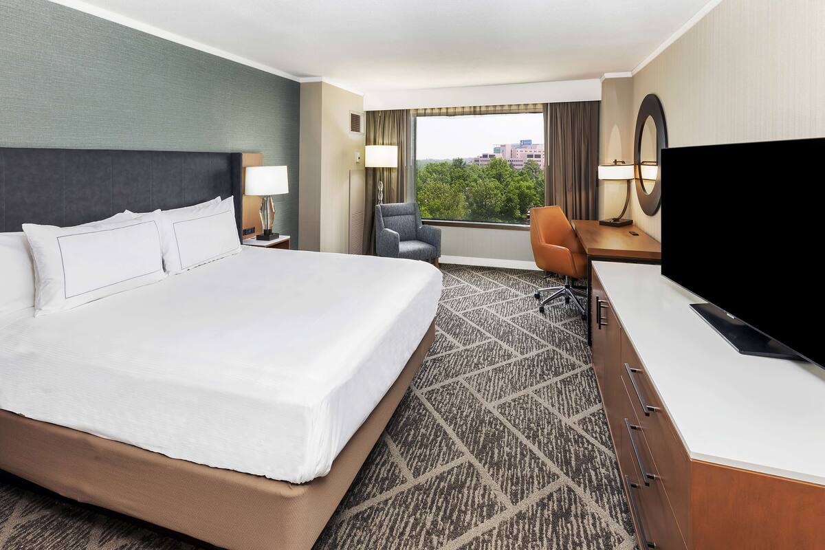 A hotel room with a large bed, a desk with a TV, a chair, and a view of trees through the window.