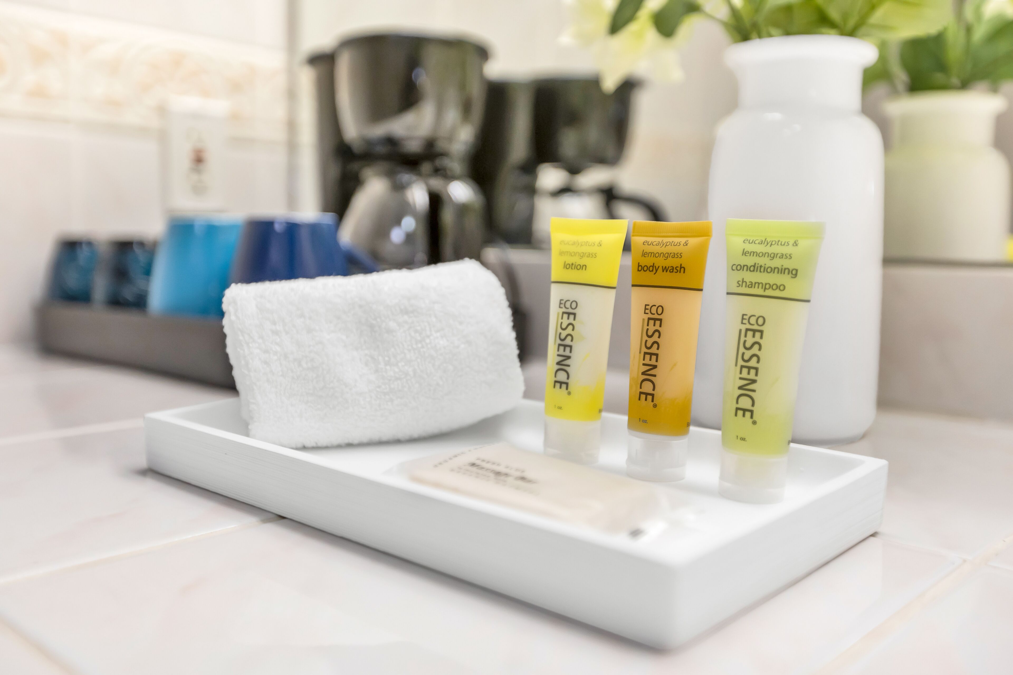 A bathroom counter with a white towel, three bottles of ECO ESSENCE body wash, lotion, and shampoo.
