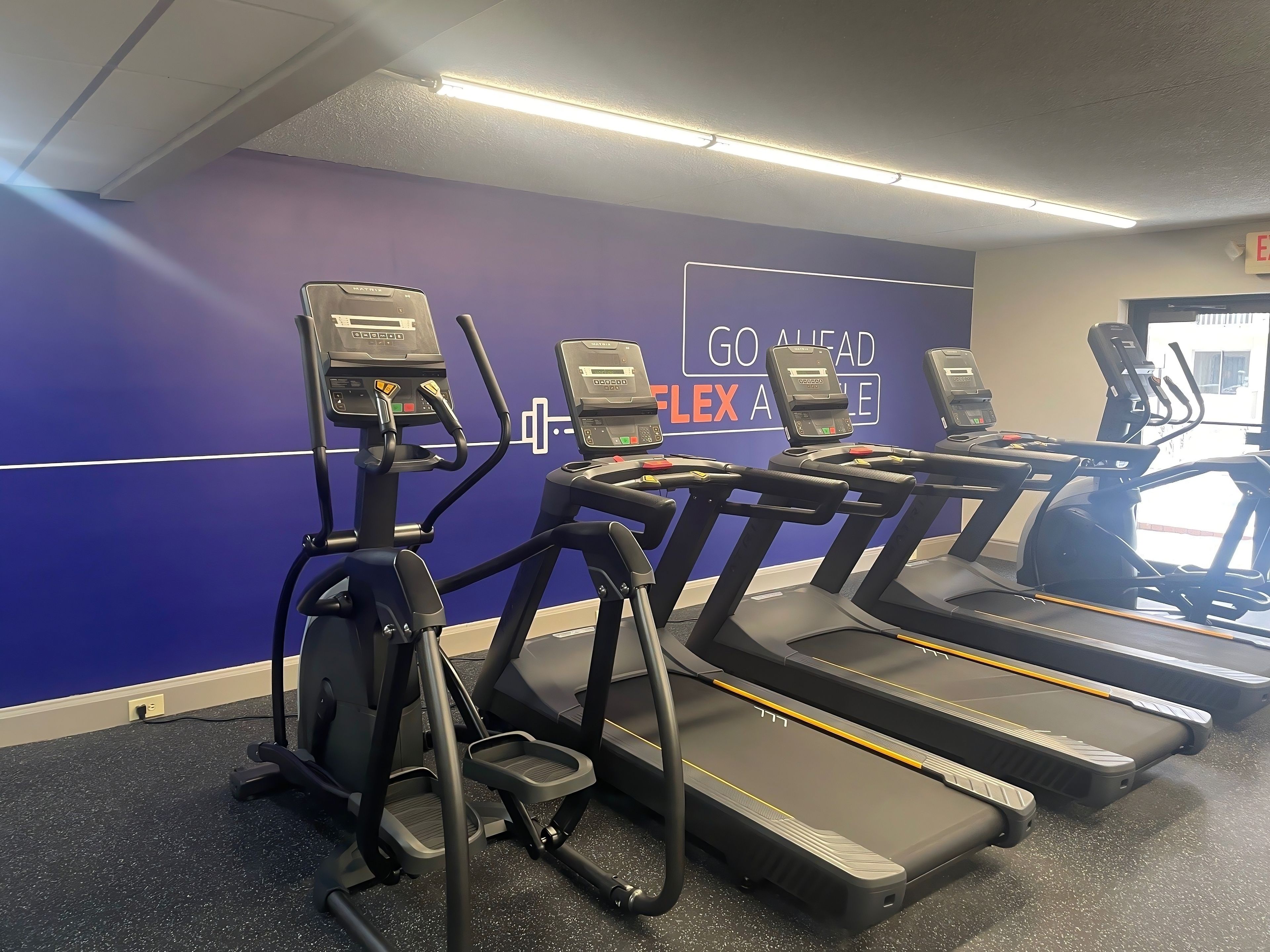 Une salle de sport équipée de tapis de course et d’appareils elliptiques, un mur violet orné de messages motivants et un luminaire au plafond.