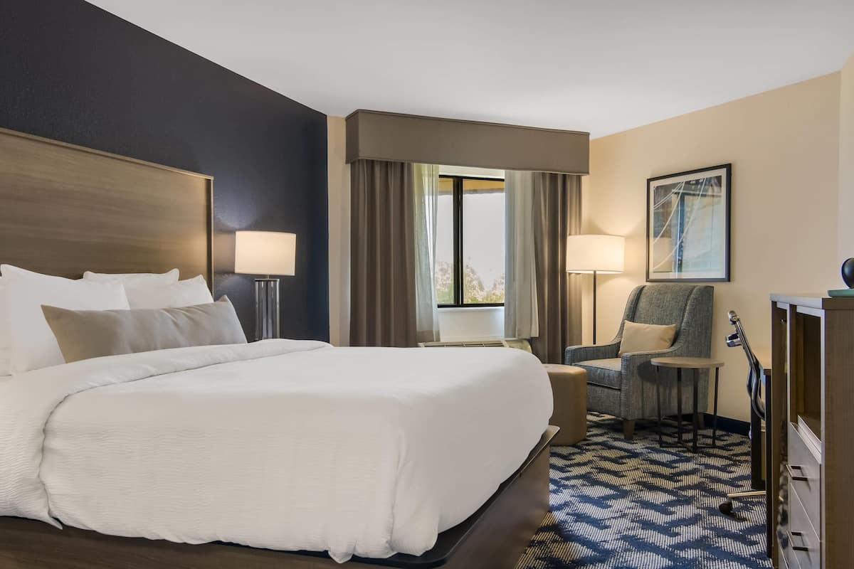 A hotel room with a large bed, a desk, a chair, and a TV.