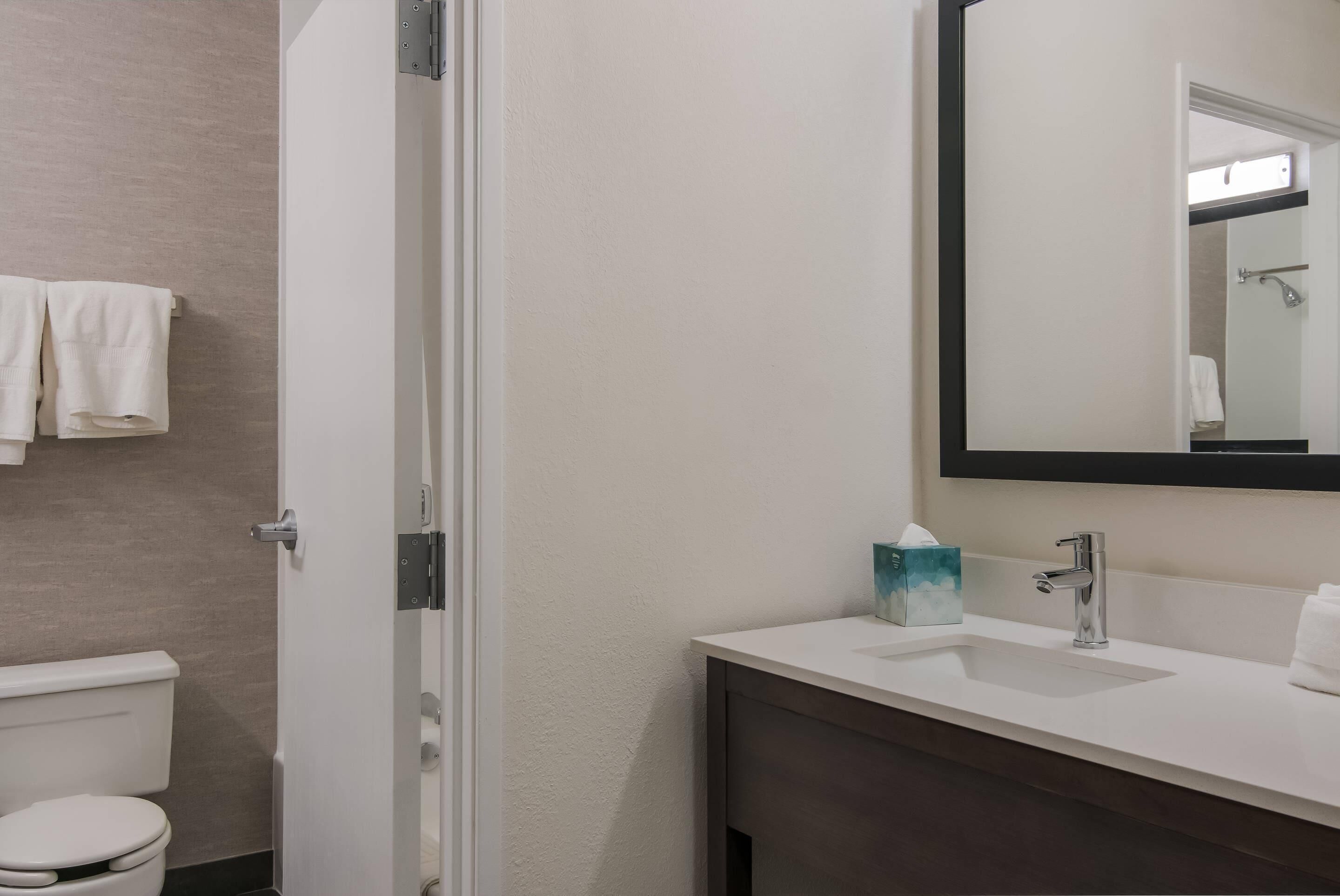 A bathroom with a toilet, a sink, a mirror, and a towel rack.