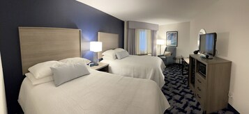 Desk, laptop workspace, blackout drapes, iron/ironing board