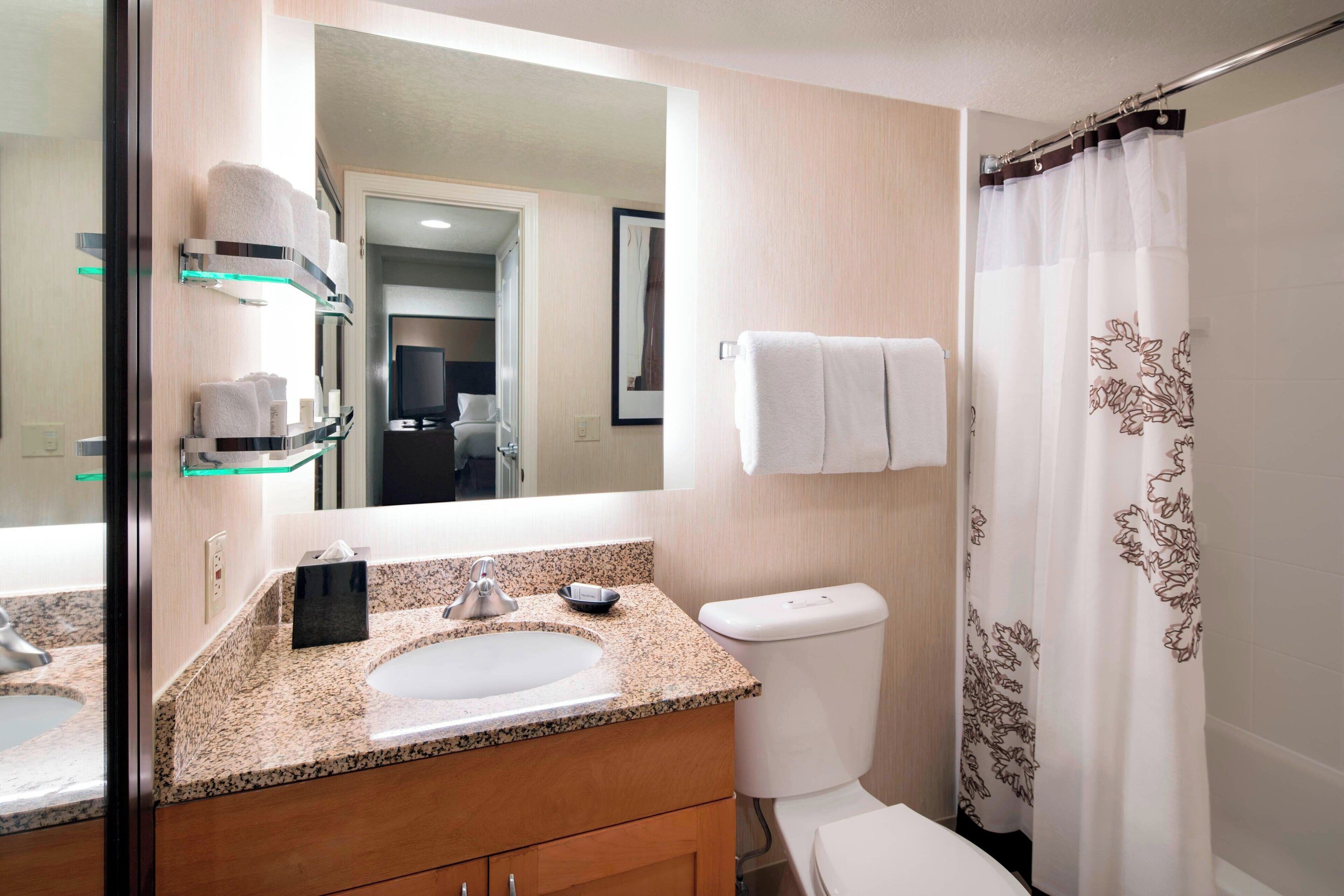 combined shower/bathtub, free toiletries, hair dryer, towels