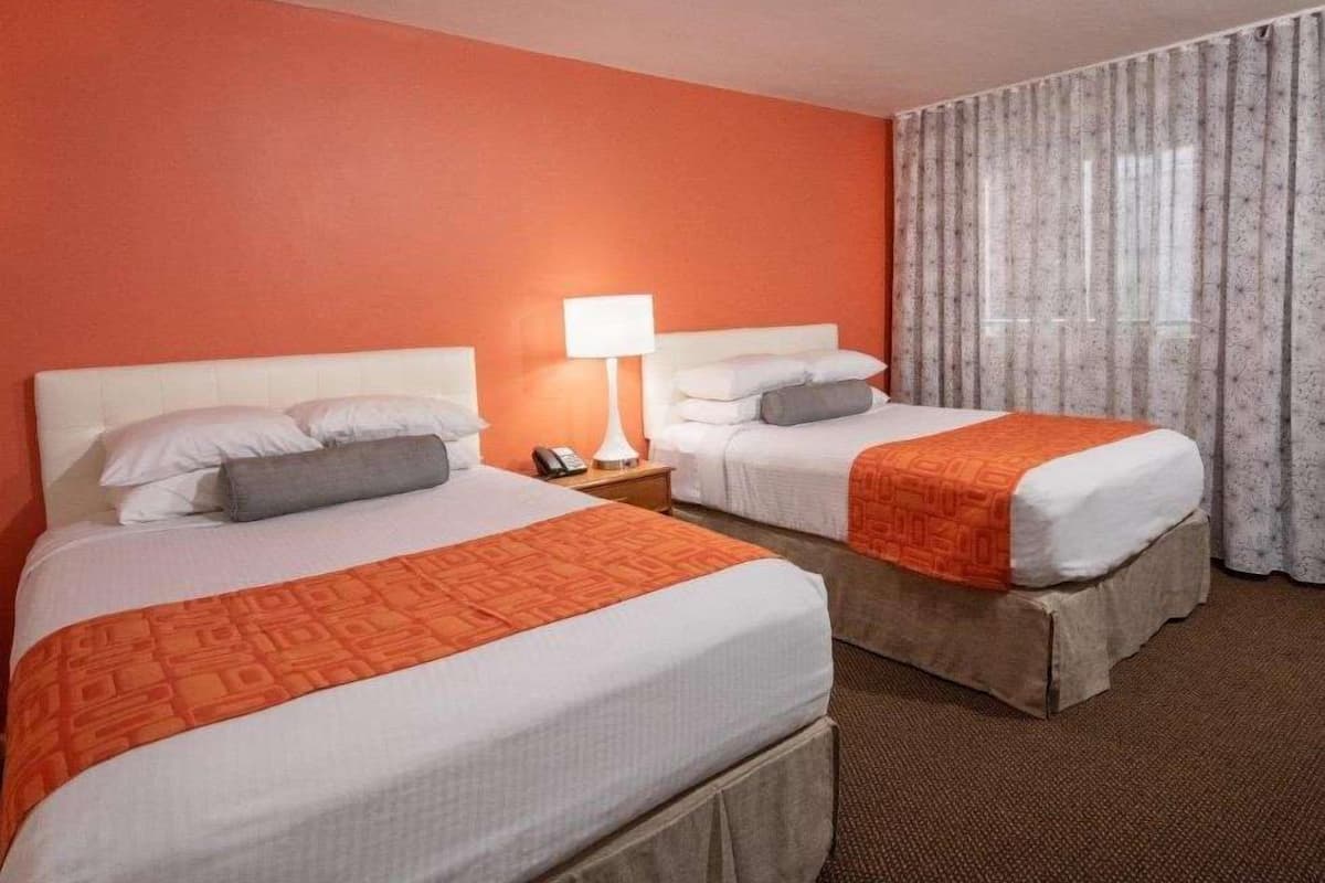 A hotel room with two beds, each with white bedding and orange accents, a nightstand with a lamp, and a window with sheer curtains.