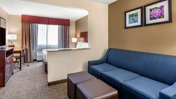 Suite, 1 Queen Bed, Non Smoking | Desk, laptop workspace, blackout curtains, iron/ironing board