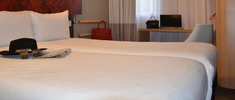 Pillowtop beds, desk, laptop workspace, blackout drapes