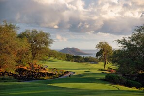 A golf course with a mountain in the background, surrounded by trees and shrubs.