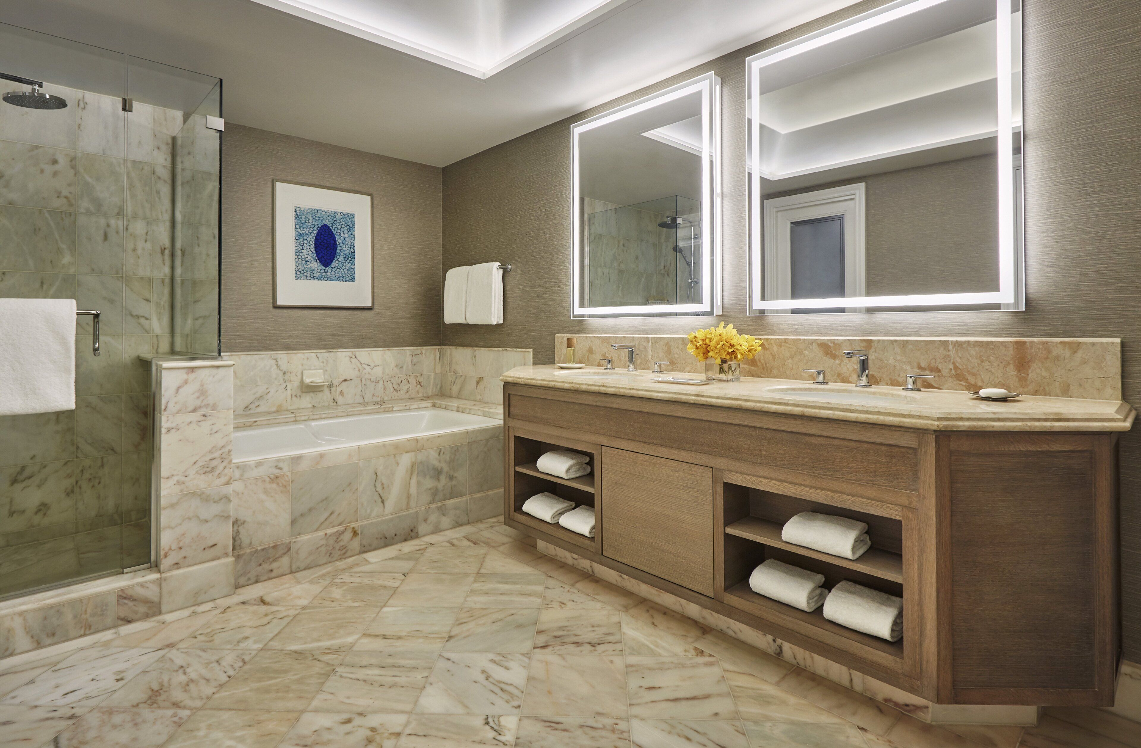 separate bathtub and shower, designer toiletries, hair dryer, bathrobes