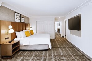 A hotel room with a large bed, bedside lamps, a flat-screen TV, and a patterned carpet.