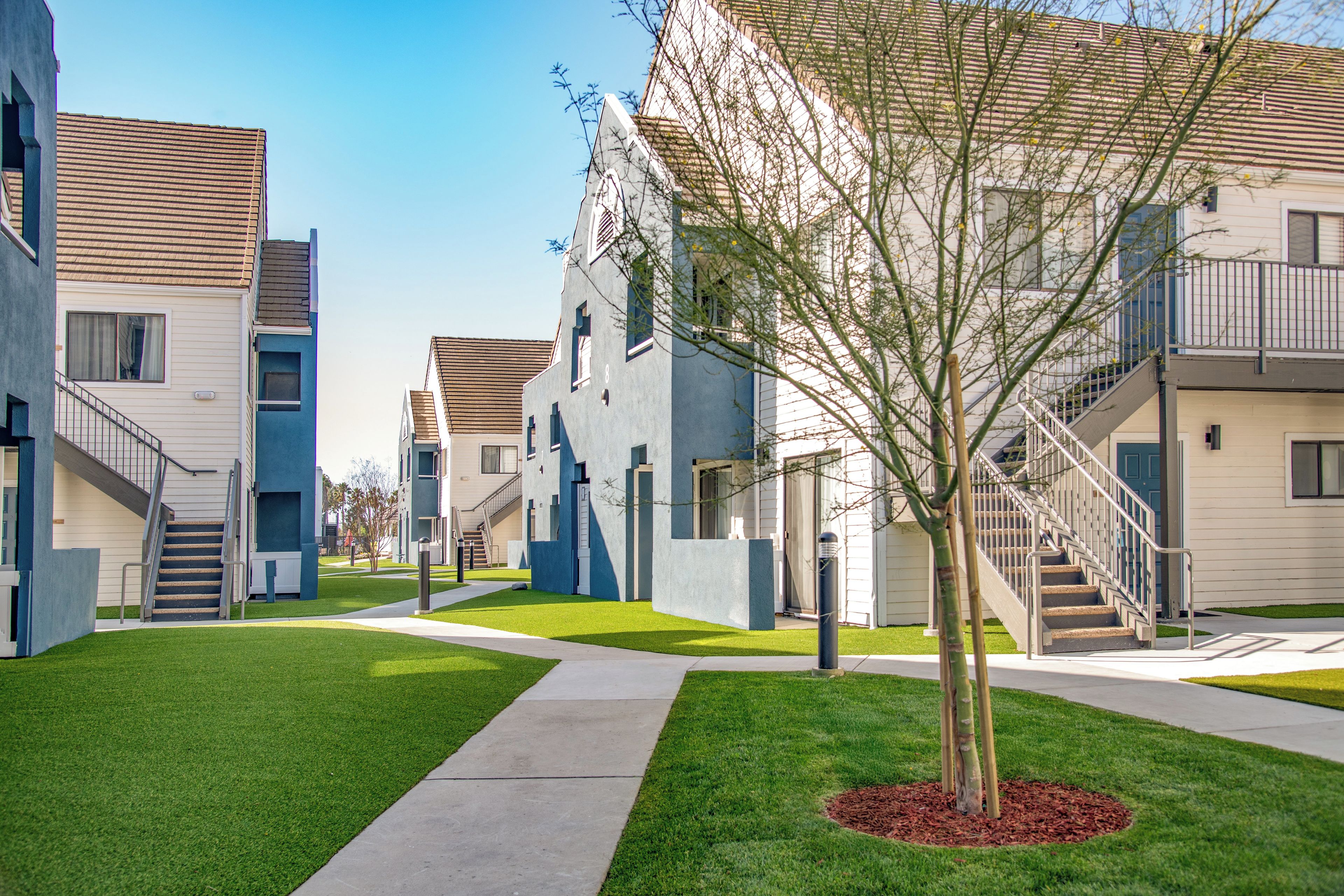 A modern apartment complex with multiple buildings, a central tree, and a well-maintained lawn.