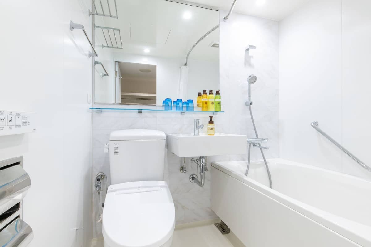 deep-soaking bathtub, free toiletries, hair dryer, slippers