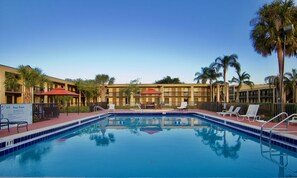 Outdoor pool, pool umbrellas, pool loungers