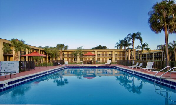 Outdoor pool, pool umbrellas, pool loungers