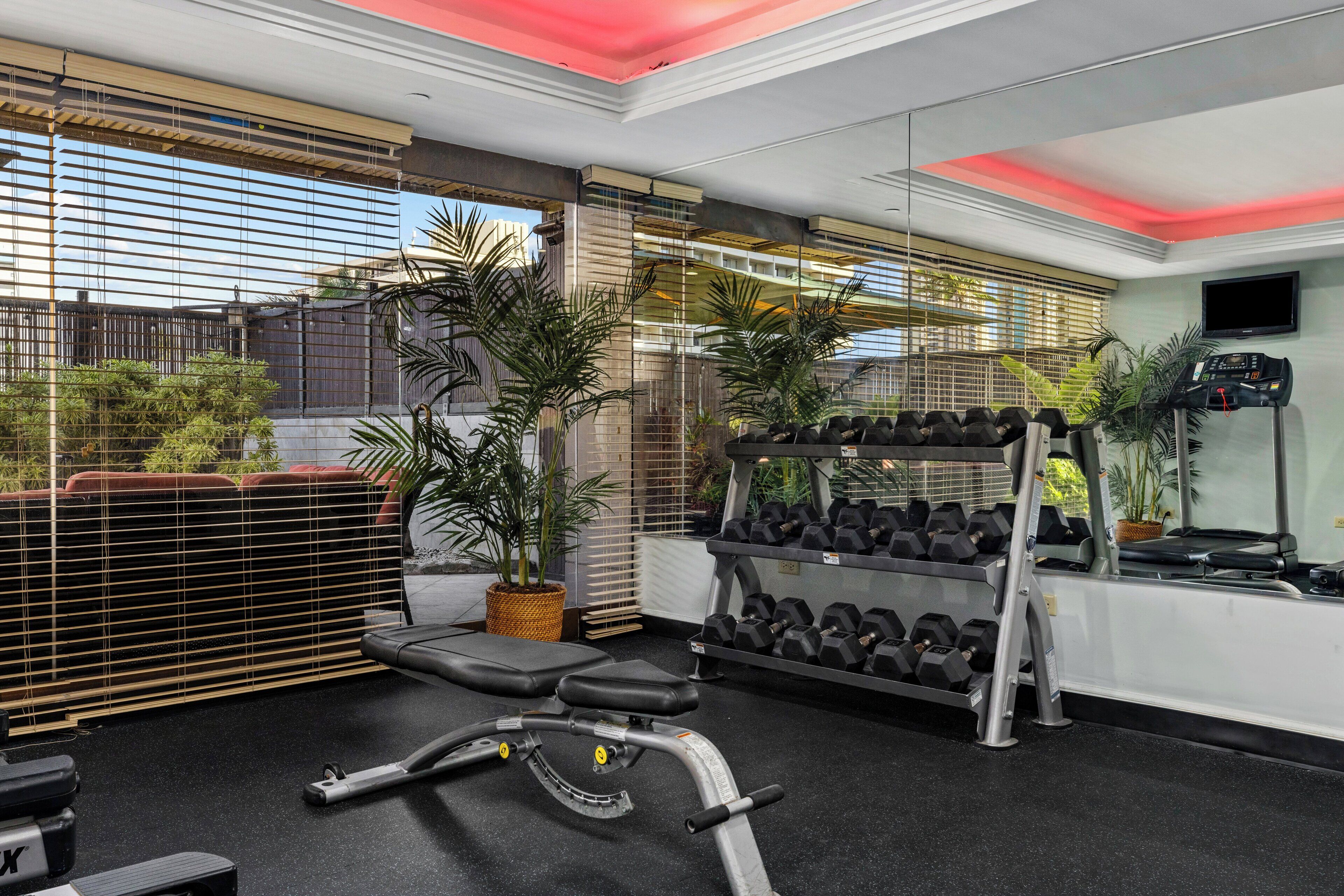 Ein modernes Fitnessstudio mit Trainingsgeräten, einem Fernseher und großen Fenstern mit Jalousien.