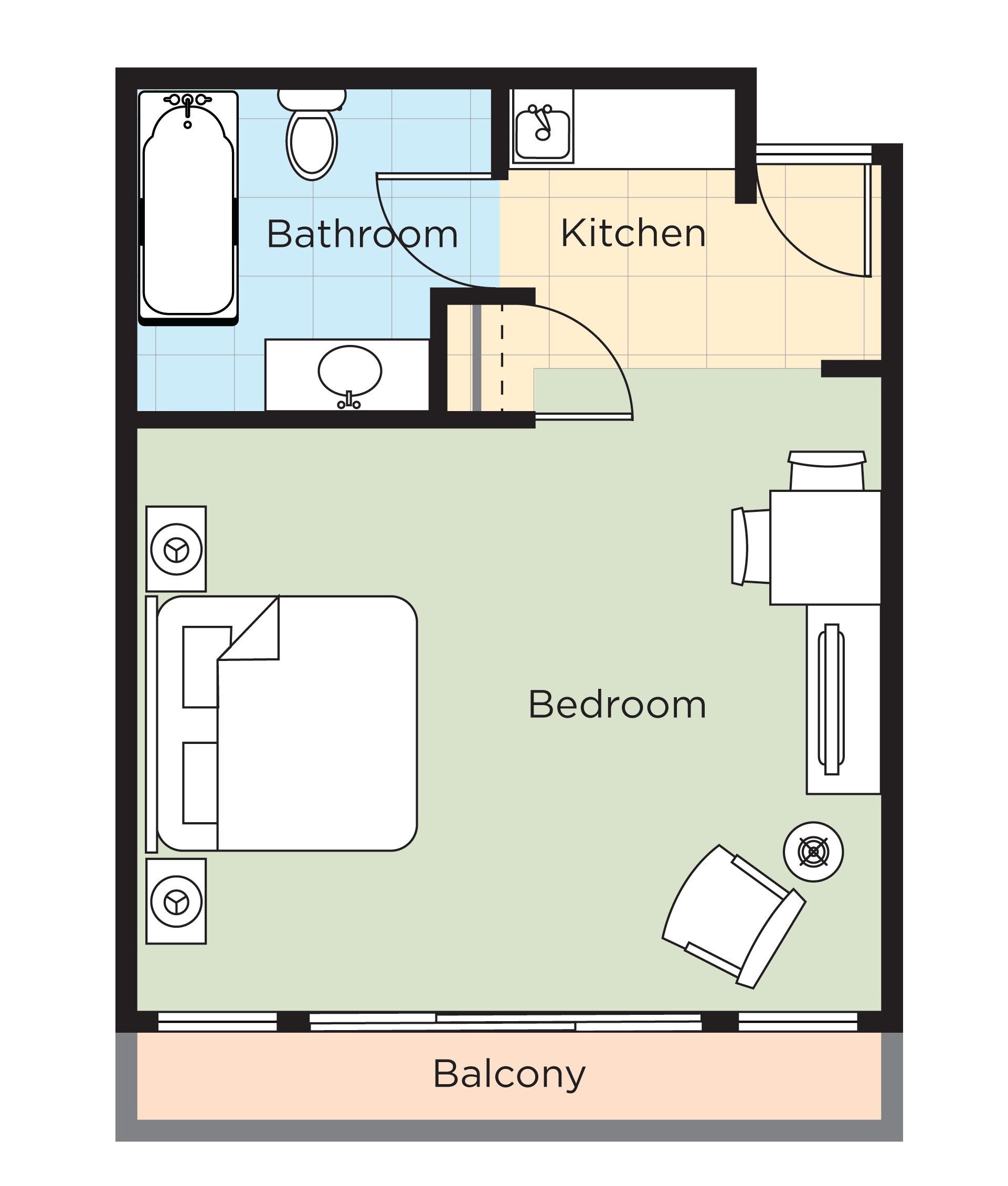 Plano de planta de una habitación de hotel con baño, cocina, dormitorio y balcón.
