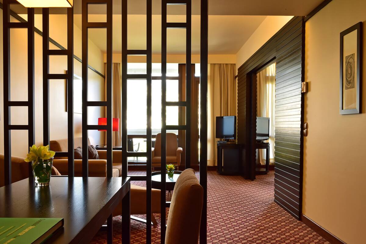 Une chambre d’hôtel dotée d’un espace salon comprenant un canapé, une table basse ornée d’un vase de fleurs, un meuble pour la télévision et une moquette à motifs.