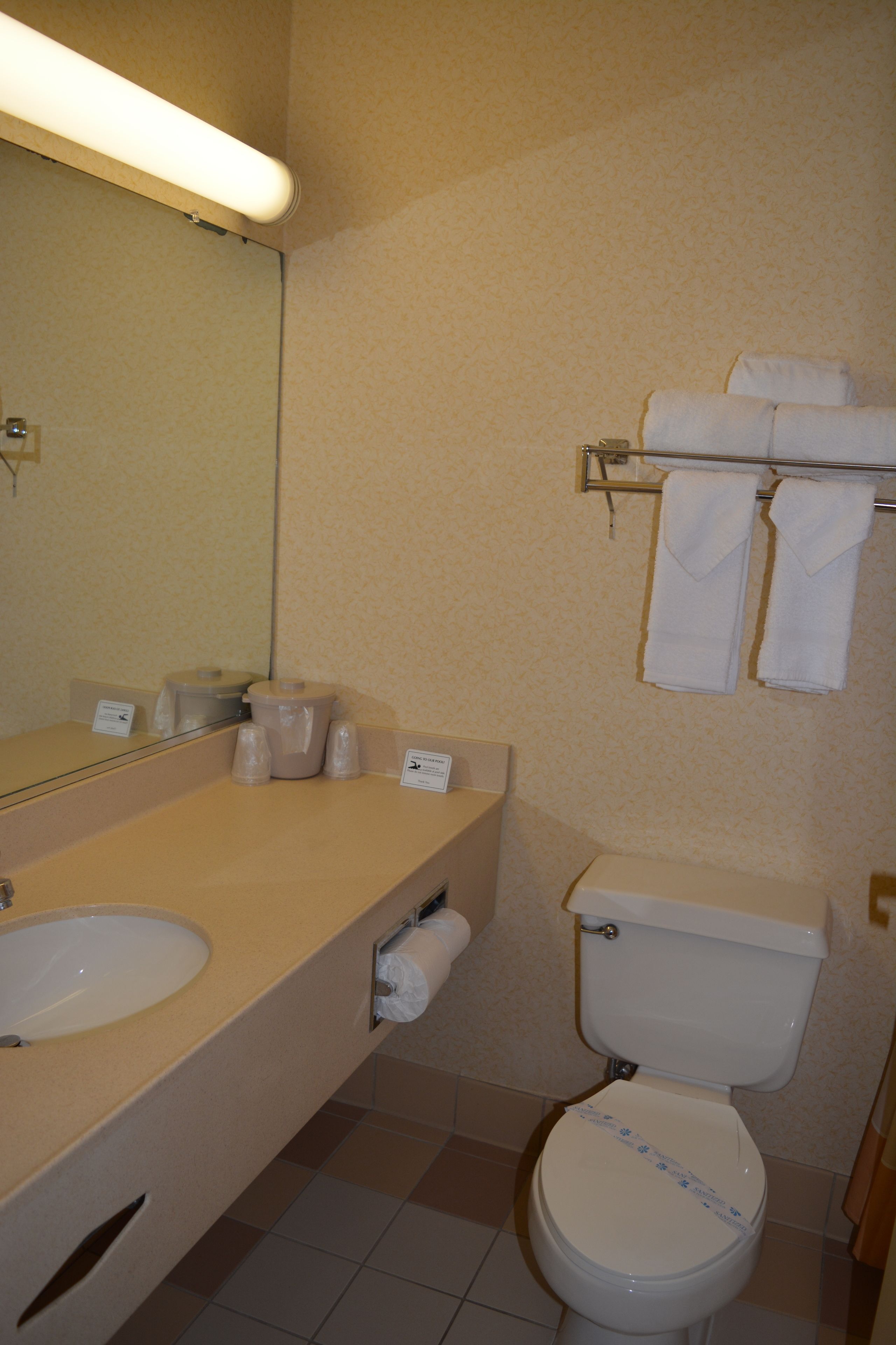 A bathroom with a sink, mirror, toilet, and towel rack.