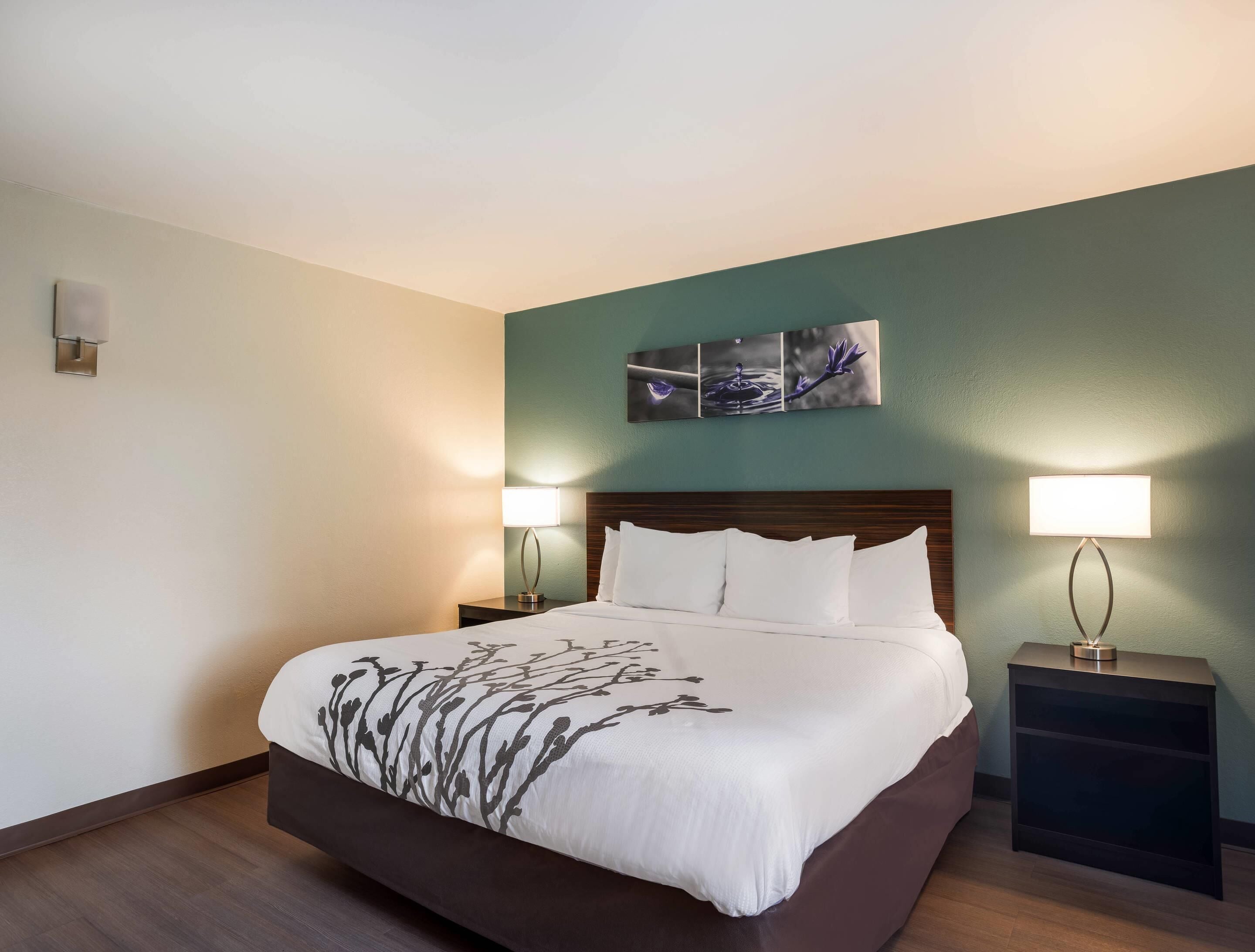 Una habitación de hotel con una cama, dos lámparas de noche, una obra de arte en la pared y una mesita de noche.