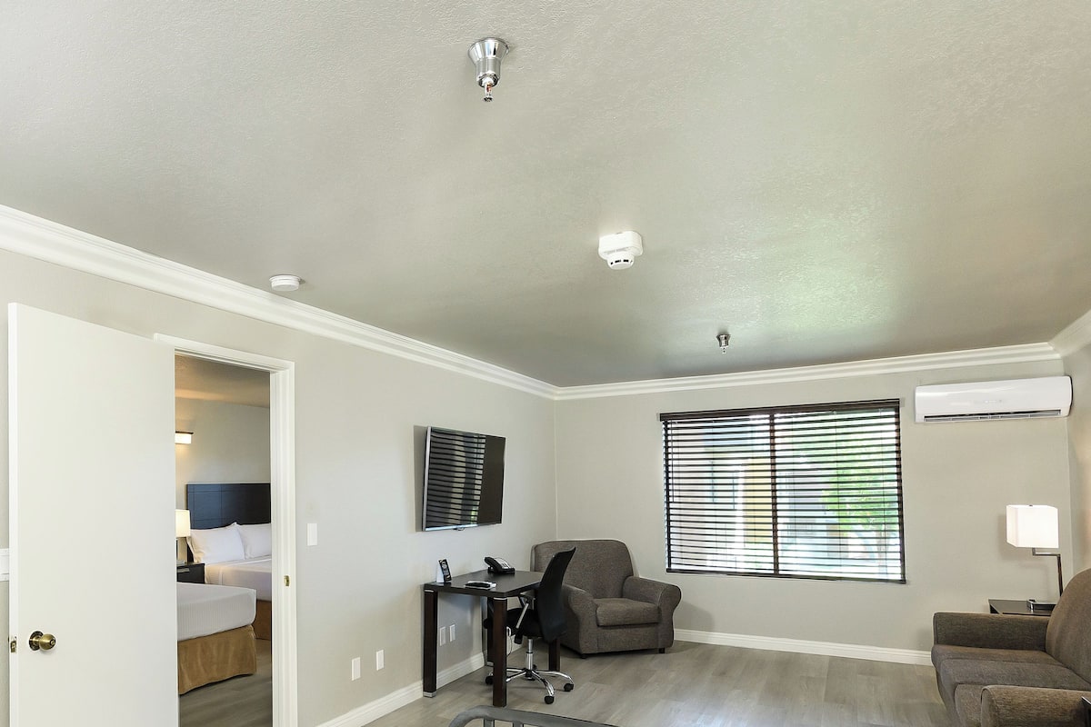 A spacious living area with a dining table, two armchairs, a sofa, a TV mounted on the wall, and a window with blinds.