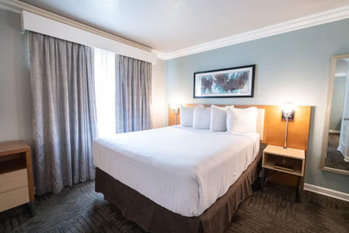 A hotel room with a large bed, a nightstand, a lamp, a mirror, and a window with curtains.