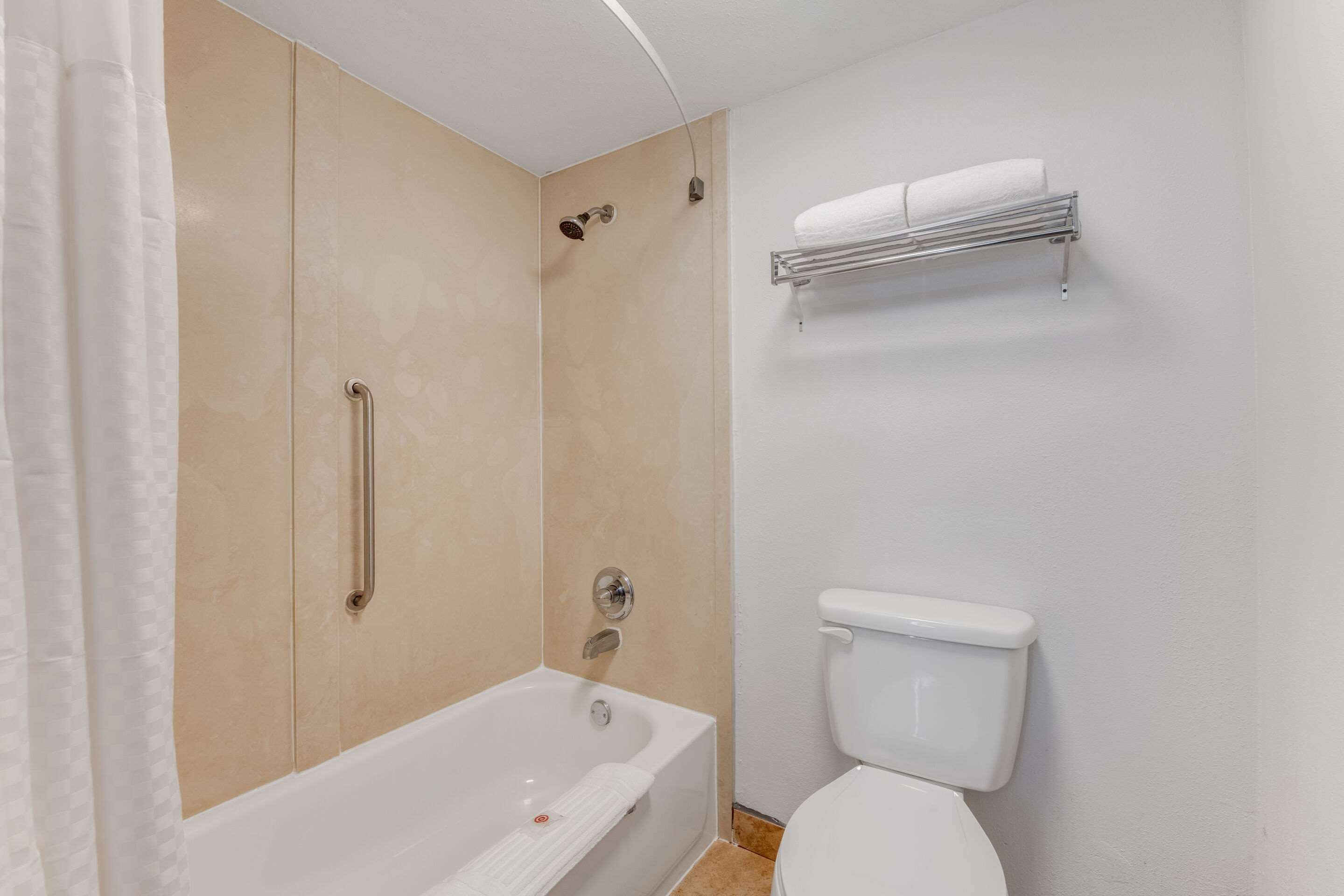 Een badkamer met een bad, toilet en handdoekhouder.