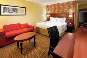 Premium bedding, desk, laptop workspace, blackout curtains