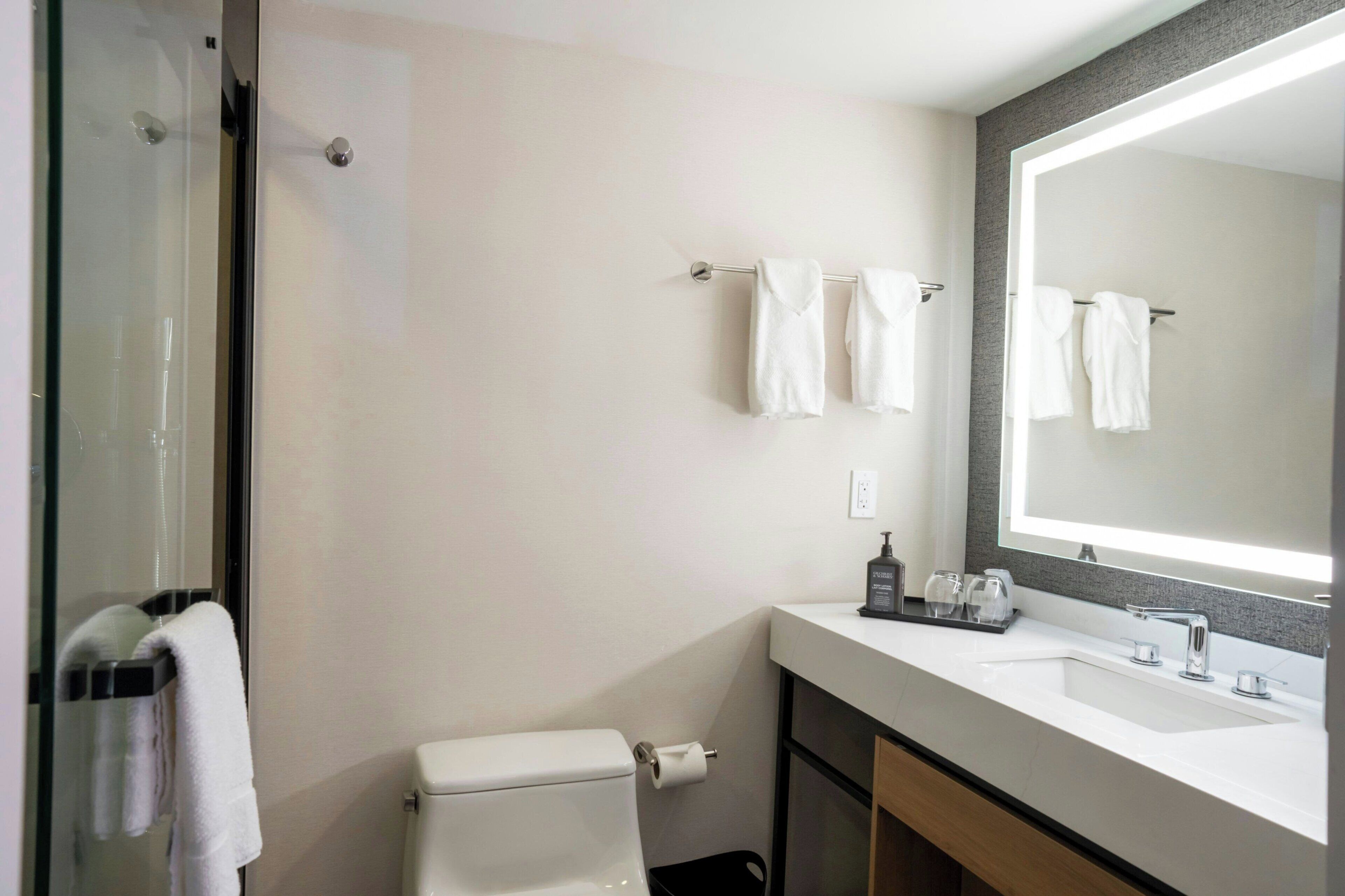 A modern bathroom with a toilet, sink, and a large mirror.