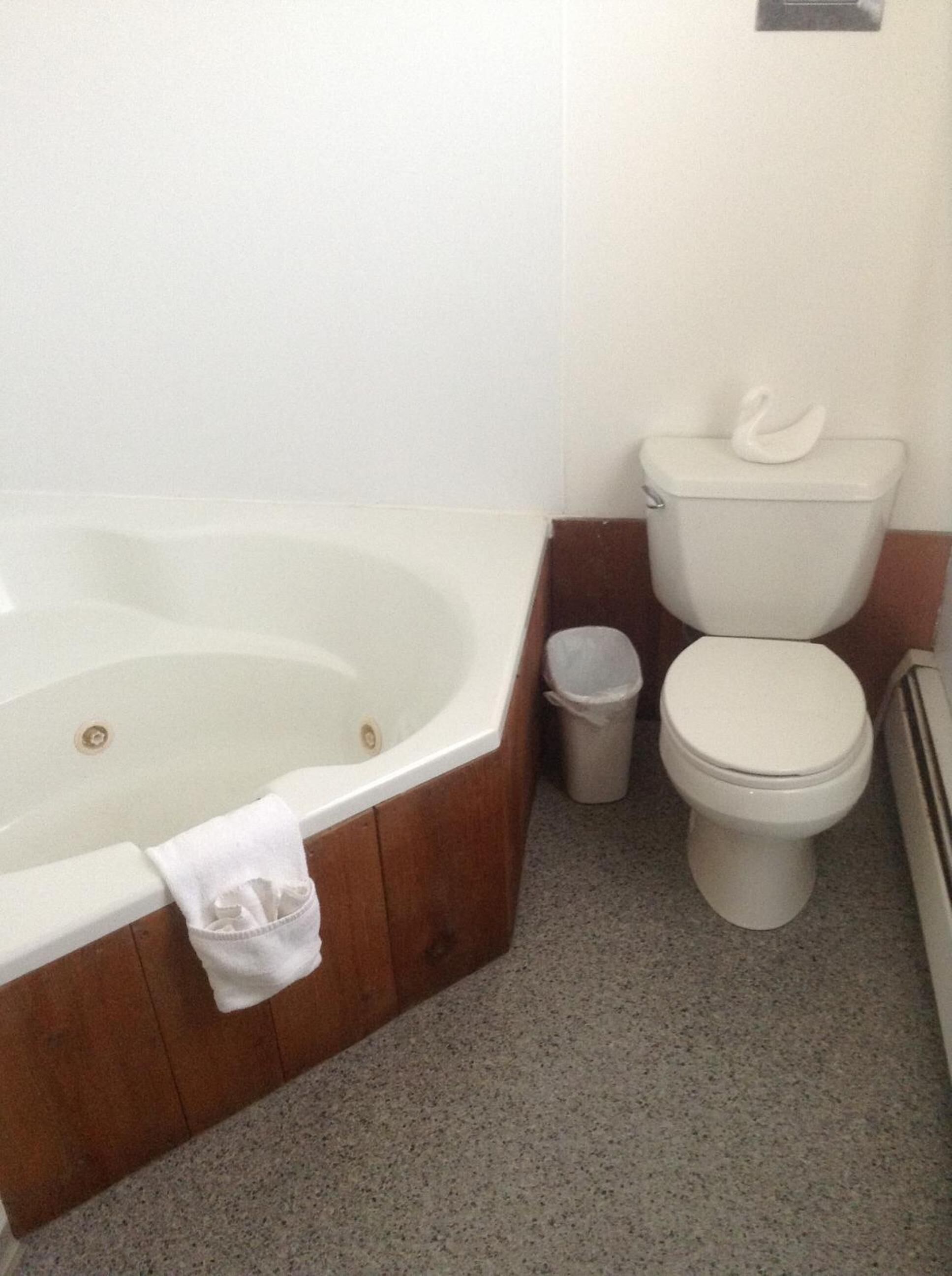 A bathroom with a bathtub, toilet, and a trash bin.