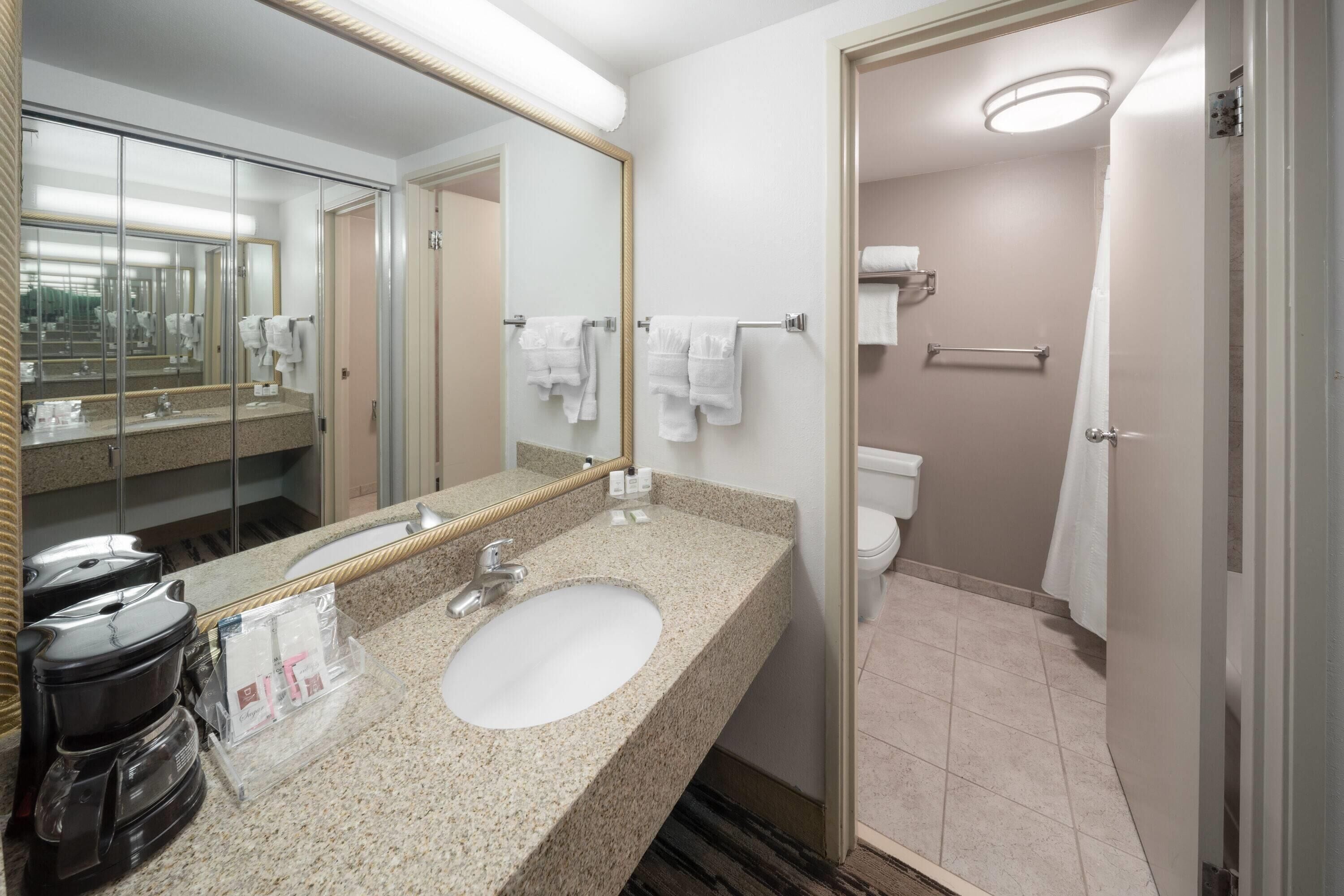A hotel bathroom with a granite sink, a coffee maker, a mirror, and a toilet.