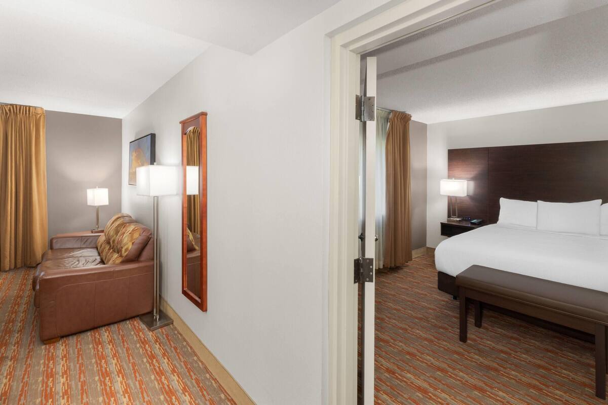 A hotel room with a bed, a sofa, a nightstand, a lamp, and a mirror.