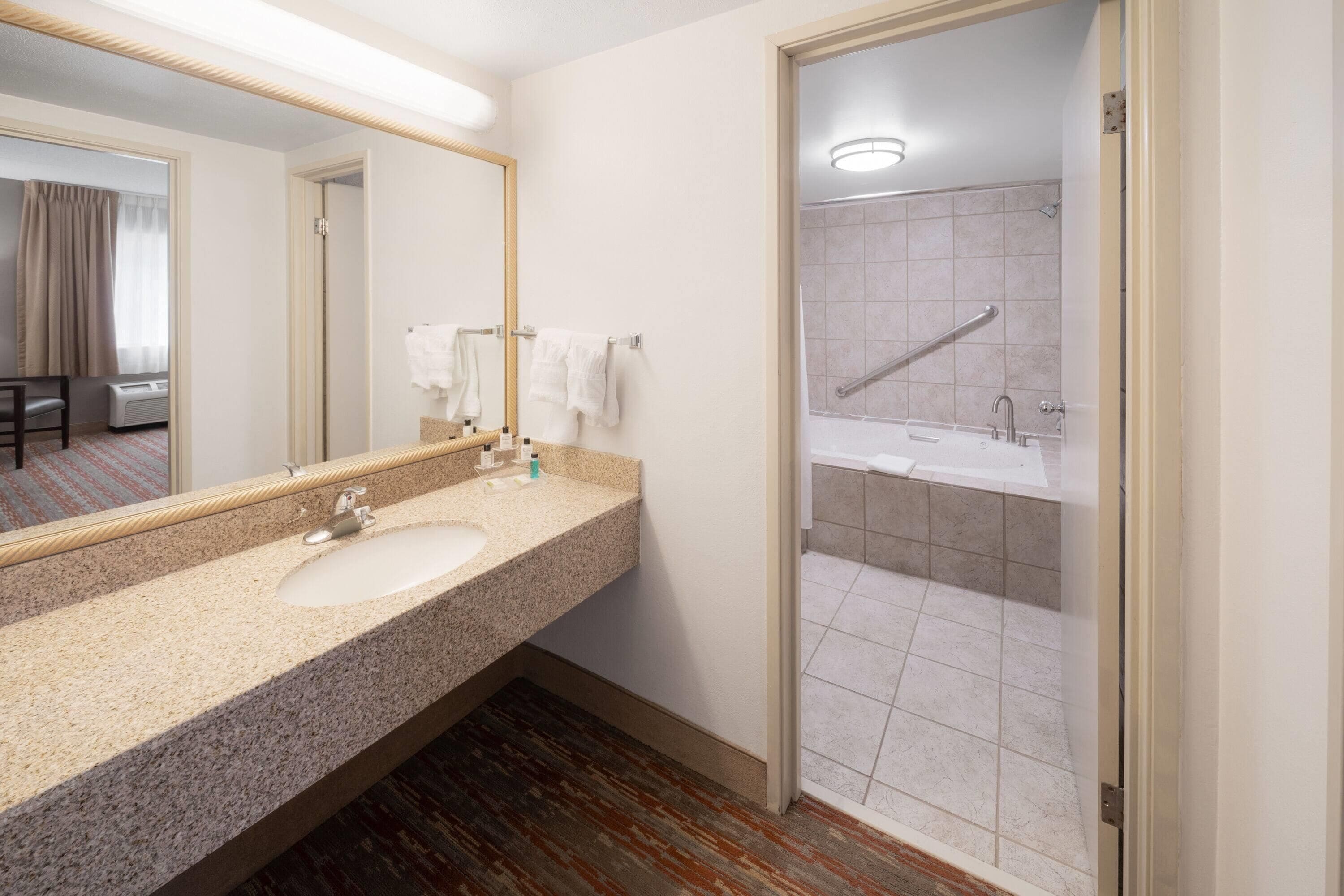 A bathroom with a granite countertop sink, a mirror, and a shower with a glass door.