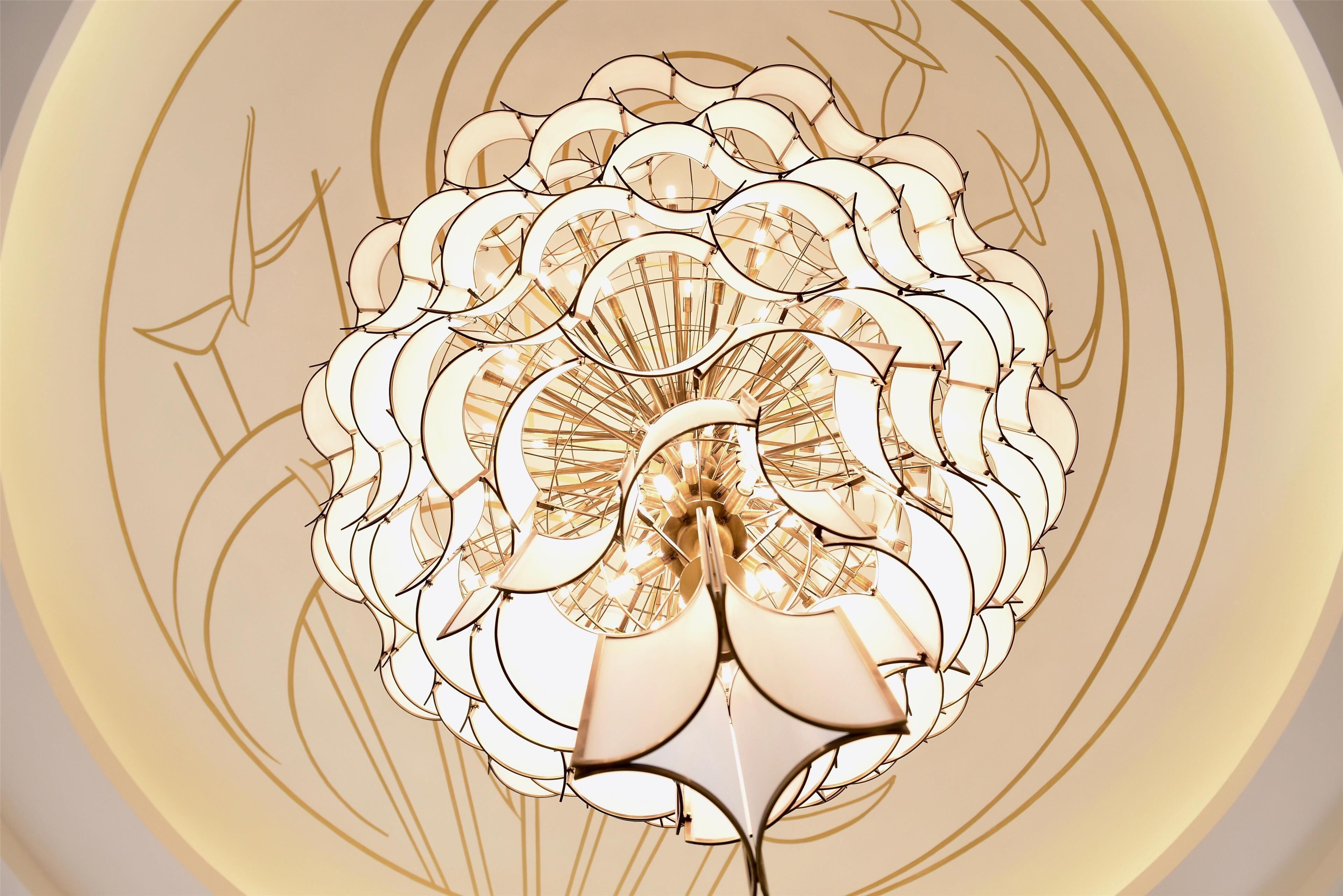 A chandelier with a complex, geometric design.