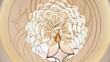 A chandelier with a complex, geometric design.