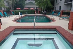 Outdoor pool, pool umbrellas, sun loungers