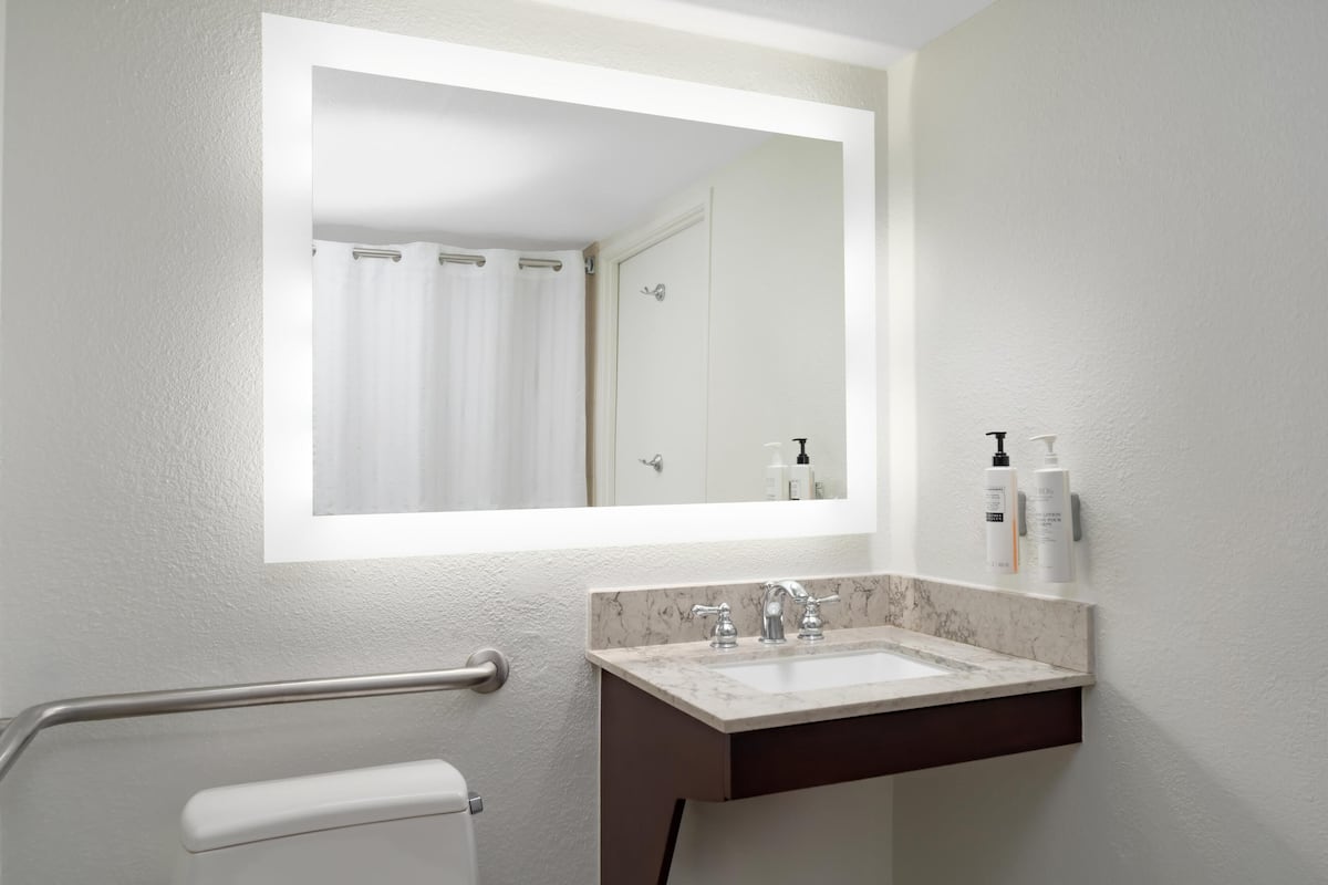 Un baño con un lavabo blanco, un espejo y una cortina de ducha.