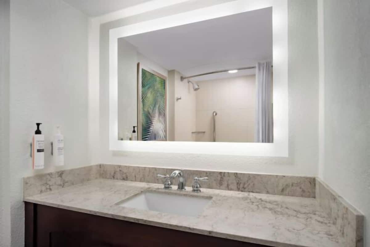 Un baño con lavamanos de mármol, un espejo grande y una ducha.